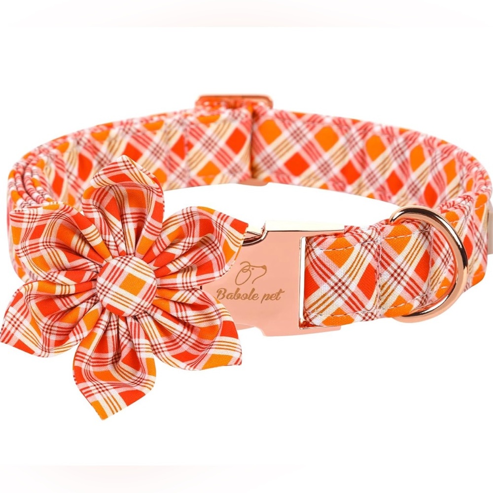Babole Pet Fall Girl Dog Collar Flower Tie, Orange Striped Plaid Floral Collar